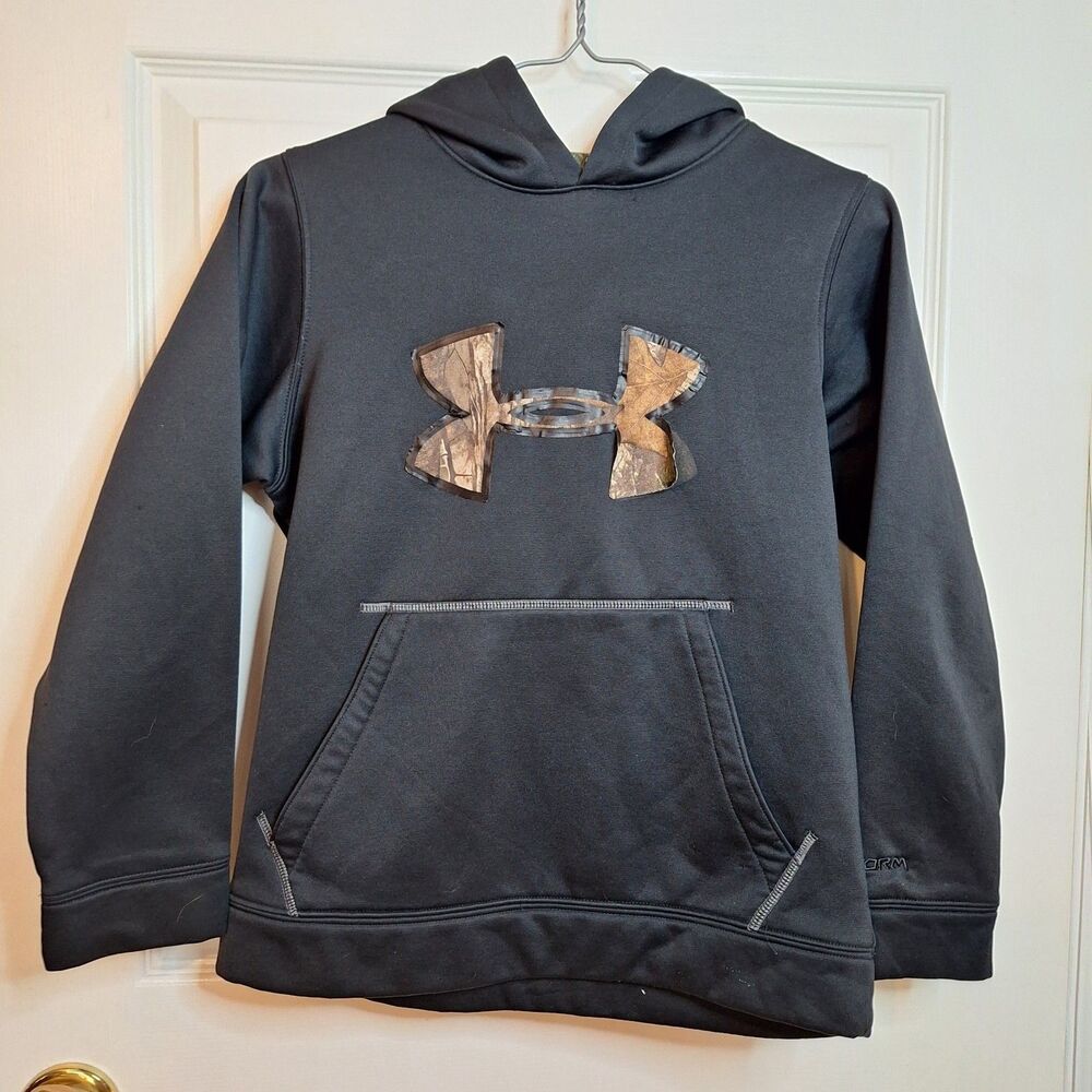 Under Armour Black Camo Logo Pullover Hoodie Sweatshirt Hunting Size Youth M